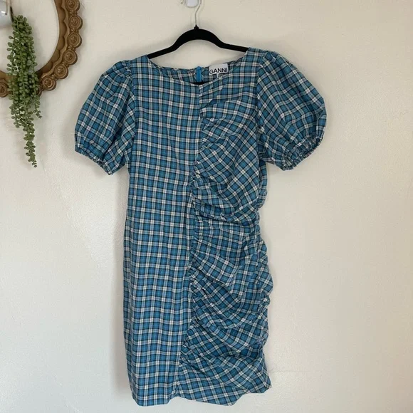 Ganni Check Ruched Seersucker Minidress in Check Azure Blue, - Picture 7 of 11